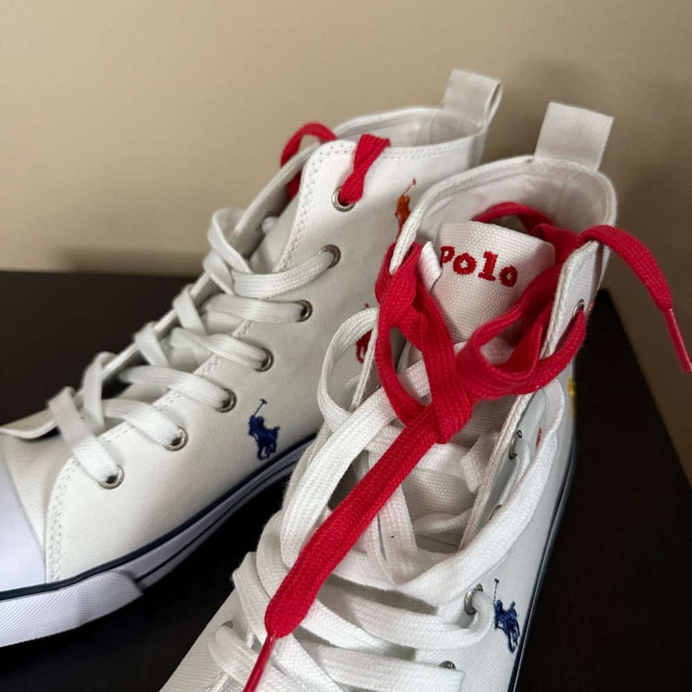 Polo Ralph Lauren Pony Print High Top Sneakers White NWT Womens 8.5 Kids 7 - Picture 8 of 11